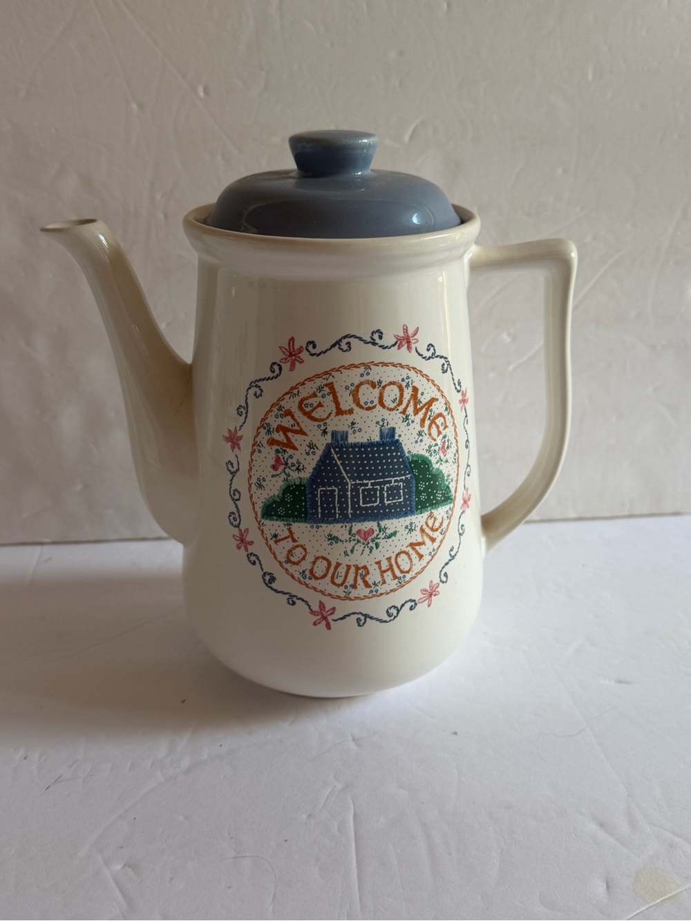 Ceramic Water Pitcher/Blue w/ Lid & Handle "Welcome to Our Home"